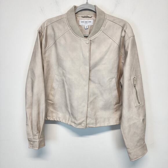 Marc New York Faux Leather Jacket Size M Oatmeal Snap Front Moto Biker Neutral - Picture 1 of 15